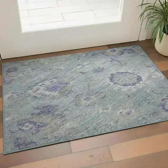 Sky Blue Beige And Purple Floral Washable Area Rug With UV Protection Photo 2