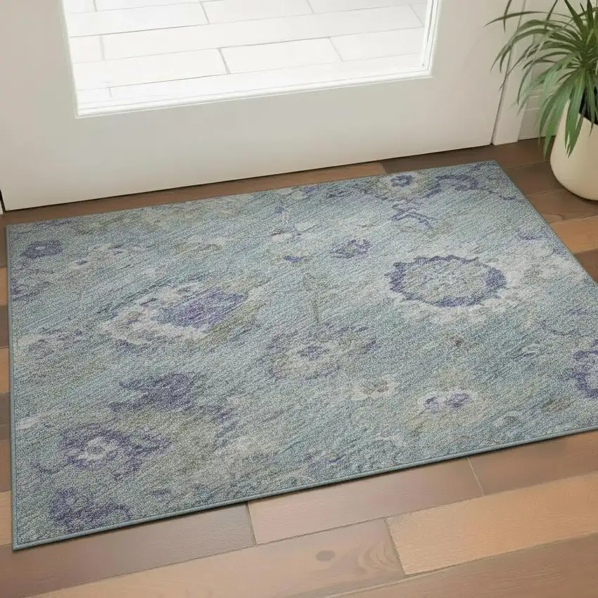 Sky Blue Beige And Purple Floral Washable Area Rug With UV Protection Photo 2
