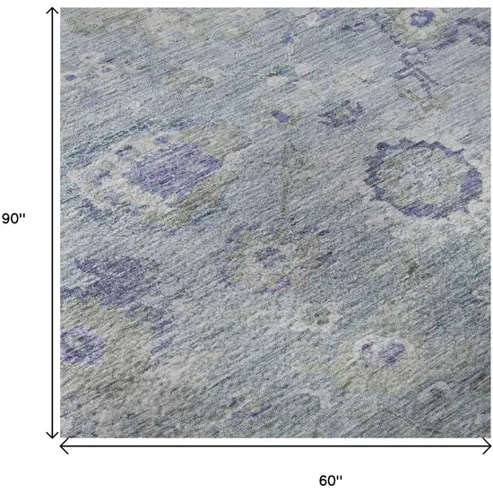 Sky Blue Beige And Purple Floral Washable Area Rug With UV Protection Photo 9