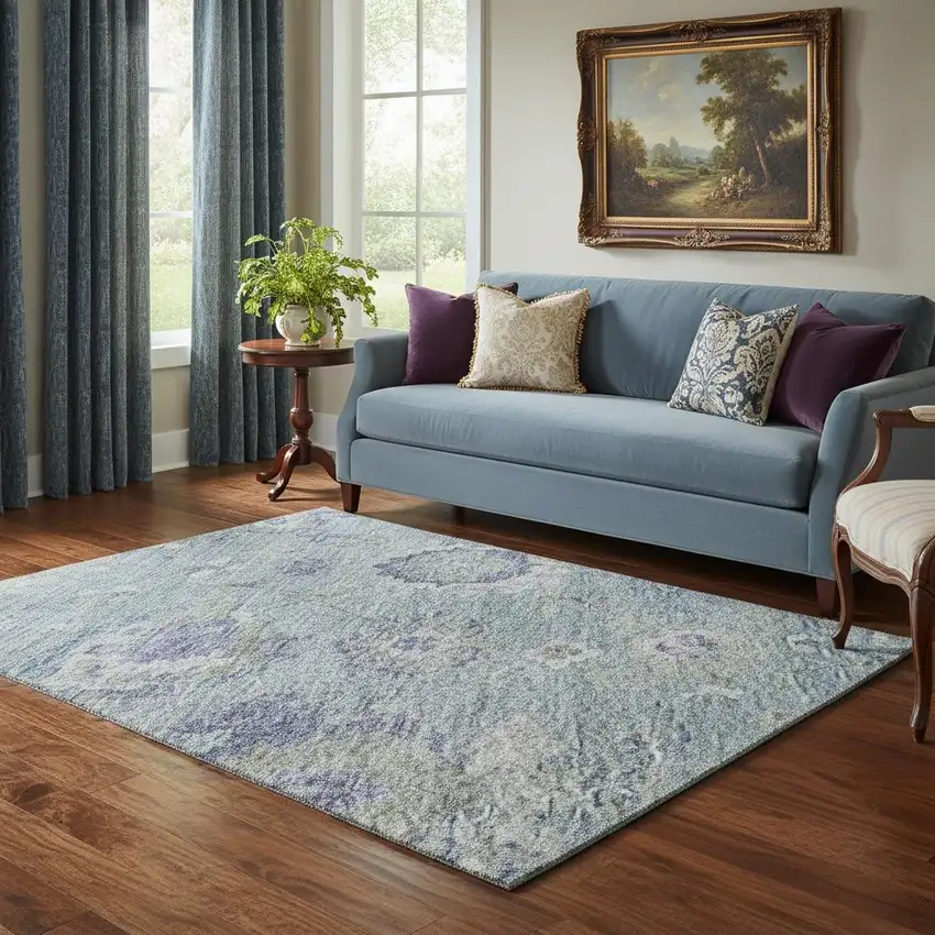 Sky Blue Beige And Purple Floral Washable Area Rug With UV Protection Photo 2