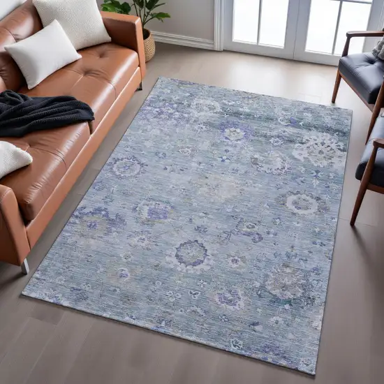 Sky Blue Beige And Purple Floral Washable Area Rug With UV Protection Photo 4