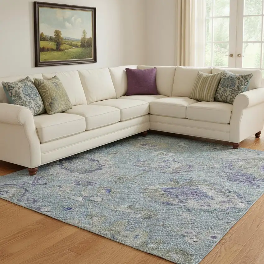 Sky Blue Beige And Purple Floral Washable Area Rug With UV Protection Photo 2