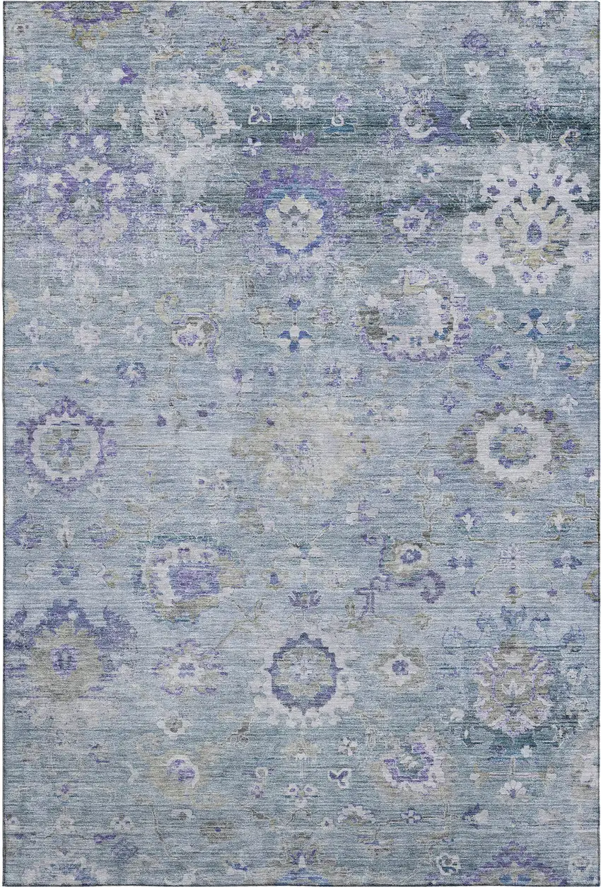 Sky Blue Beige And Purple Floral Washable Area Rug With UV Protection Photo 6