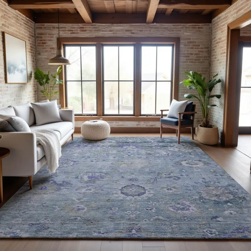 Sky Blue Beige And Purple Floral Washable Area Rug With UV Protection Photo 4