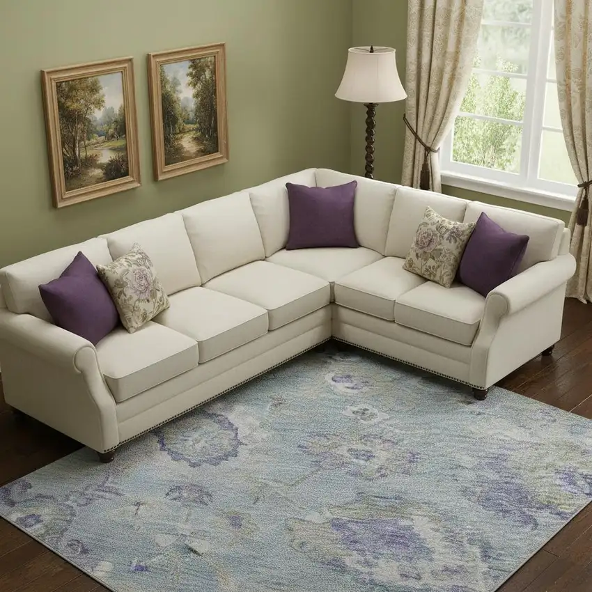 Sky Blue Beige And Purple Floral Washable Area Rug With UV Protection Photo 2