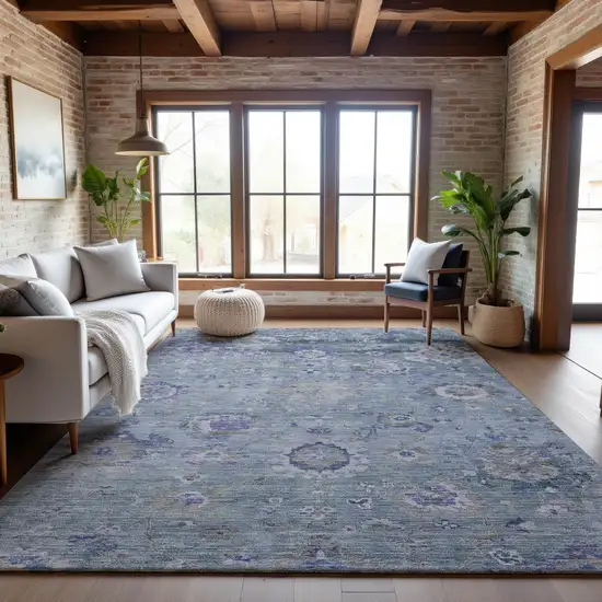 Sky Blue Beige And Purple Floral Washable Area Rug With UV Protection Photo 4