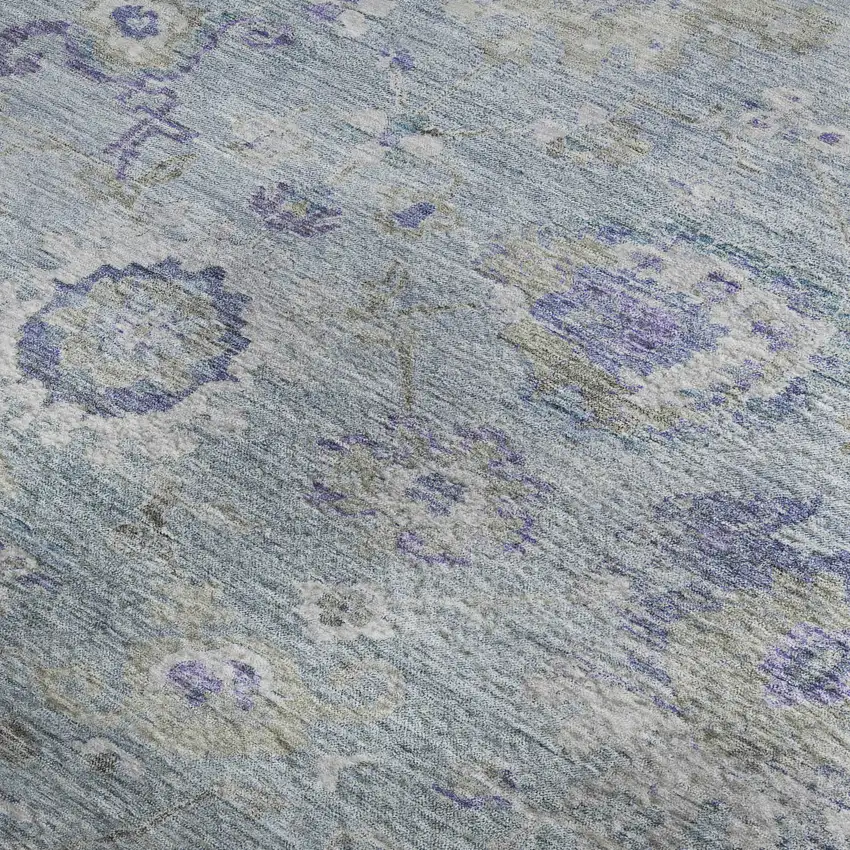 Sky Blue Beige And Purple Floral Washable Area Rug With UV Protection Photo 3