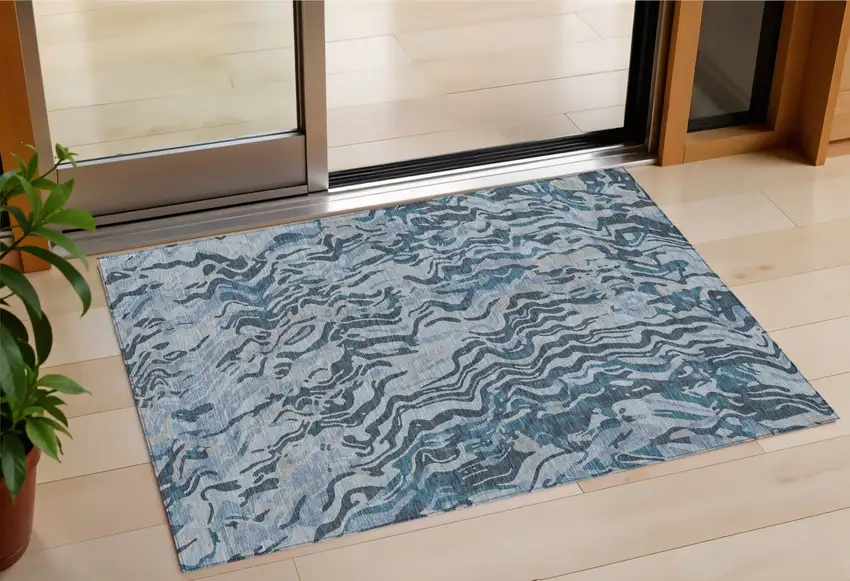 Sky Blue Black And Teal Blue Abstract Washable Indoor Outdoor Area Rug Photo 1