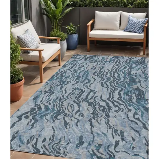 Sky Blue Black And Teal Blue Abstract Washable Indoor Outdoor Area Rug Photo 1