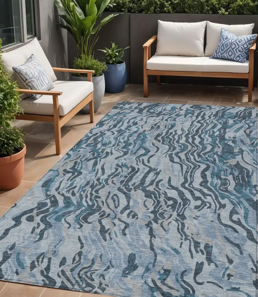 Sky Blue Black And Teal Blue Abstract Washable Indoor Outdoor Area Rug Photo 1