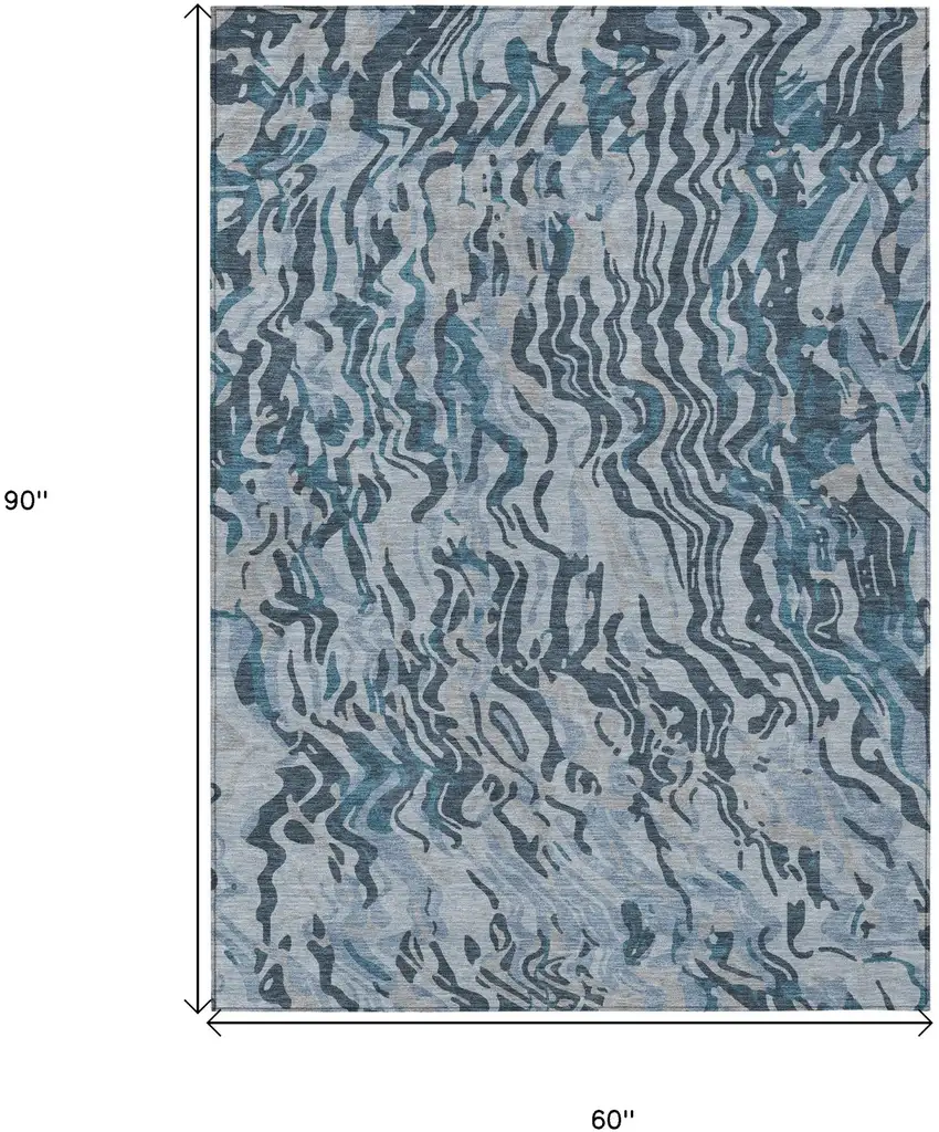 Sky Blue Black And Teal Blue Abstract Washable Indoor Outdoor Area Rug Photo 3