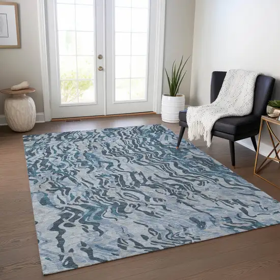 Sky Blue Black And Teal Blue Abstract Washable Indoor Outdoor Area Rug Photo 9