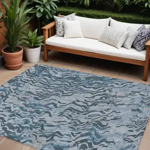 Photo of Sky Blue Black And Teal Blue Abstract Washable Indoor Outdoor Area Rug
