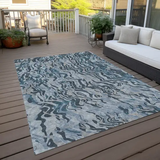Sky Blue Black And Teal Blue Abstract Washable Indoor Outdoor Area Rug Photo 7