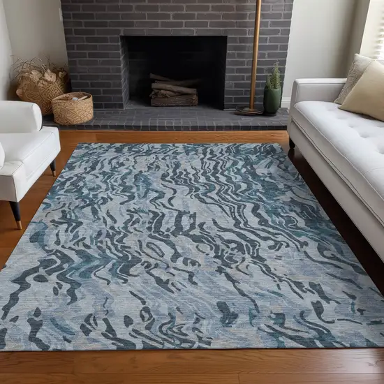 Sky Blue Black And Teal Blue Abstract Washable Indoor Outdoor Area Rug Photo 9