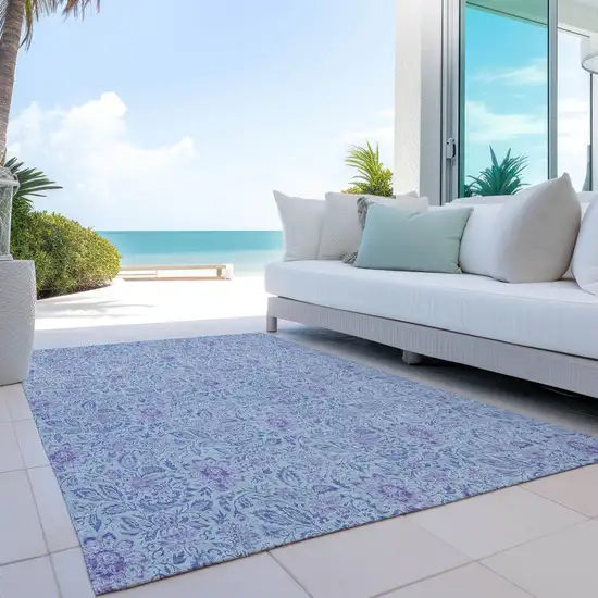 Sky Blue And Purple Floral Washable Indoor Outdoor Area Rug Photo 9
