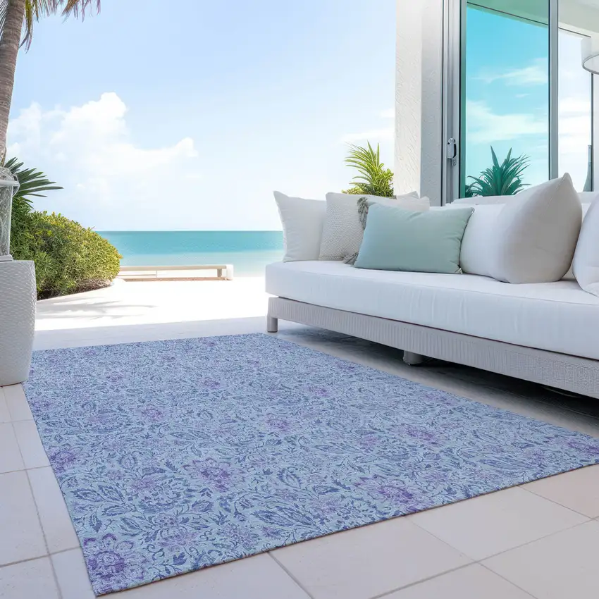 Sky Blue And Purple Floral Washable Indoor Outdoor Area Rug Photo 9
