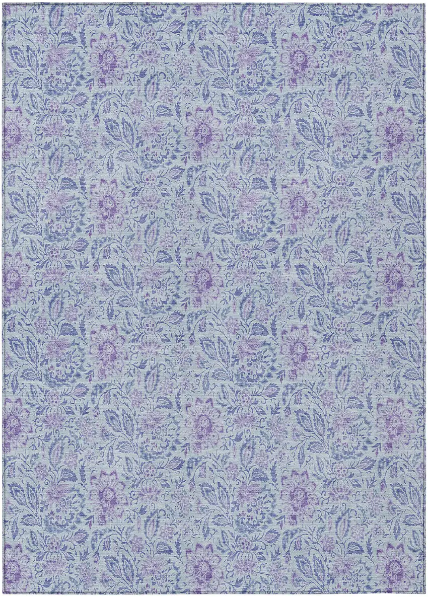 Sky Blue Blue And Purple Floral Washable Indoor Outdoor Area Rug Photo 2