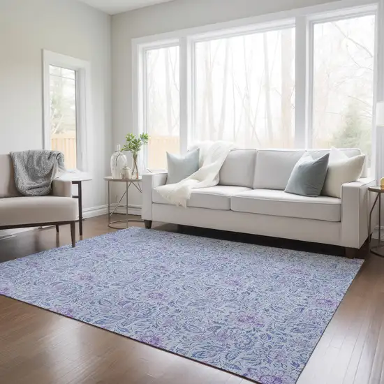 Sky Blue Blue And Purple Floral Washable Indoor Outdoor Area Rug Photo 9