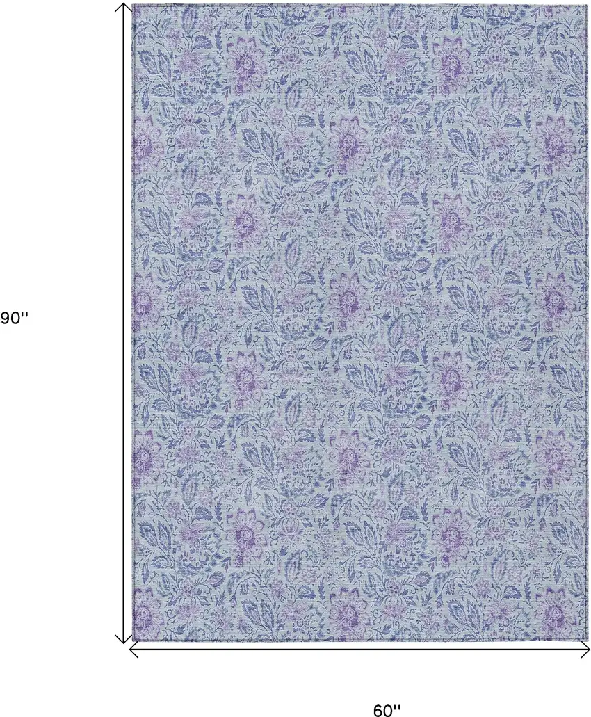Sky Blue Blue And Purple Floral Washable Indoor Outdoor Area Rug Photo 3