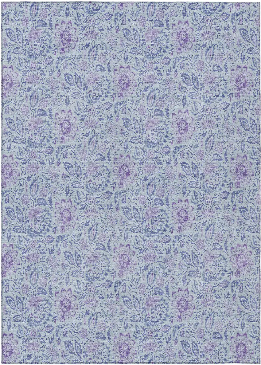 Sky Blue Blue And Purple Floral Washable Indoor Outdoor Area Rug Photo 2