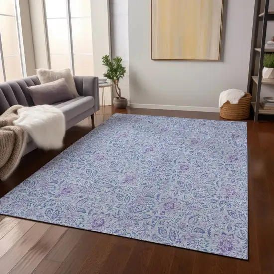 Sky Blue Blue And Purple Floral Washable Indoor Outdoor Area Rug Photo 8