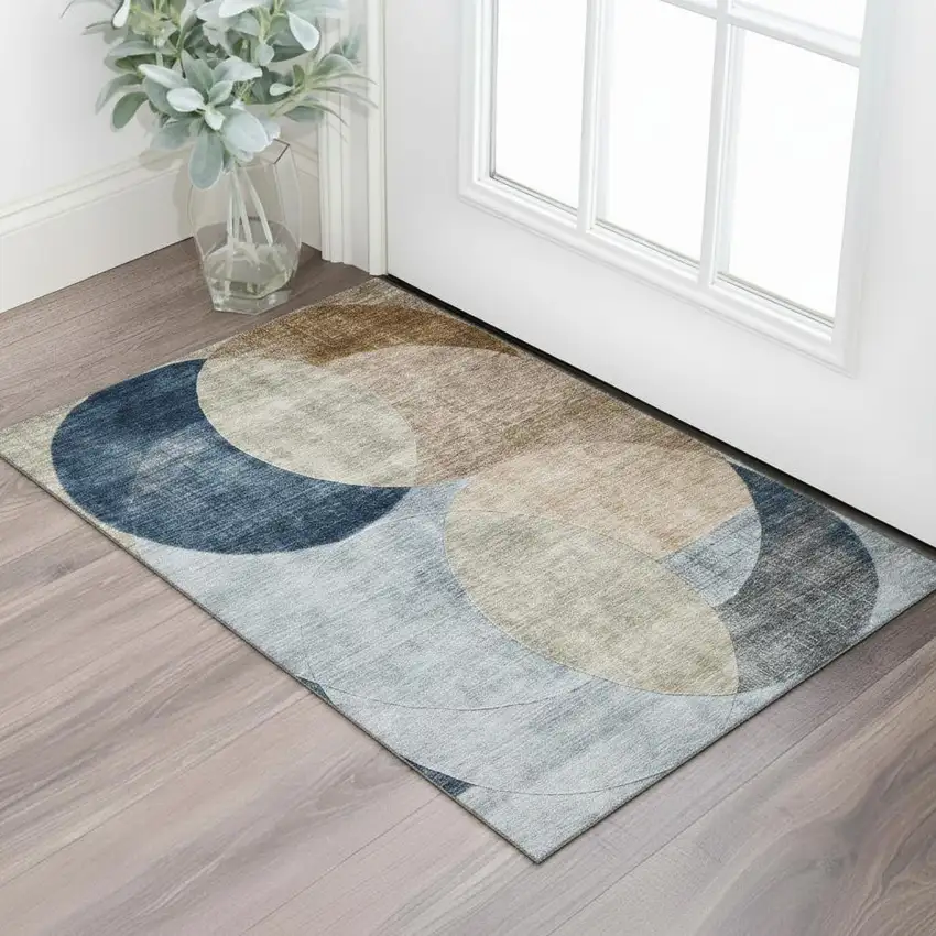 Sky Blue Brown And Beige Geometric Washable Area Rug With UV Protection Photo 2