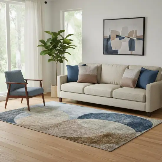 Sky Blue Brown And Beige Geometric Washable Area Rug With UV Protection Photo 2