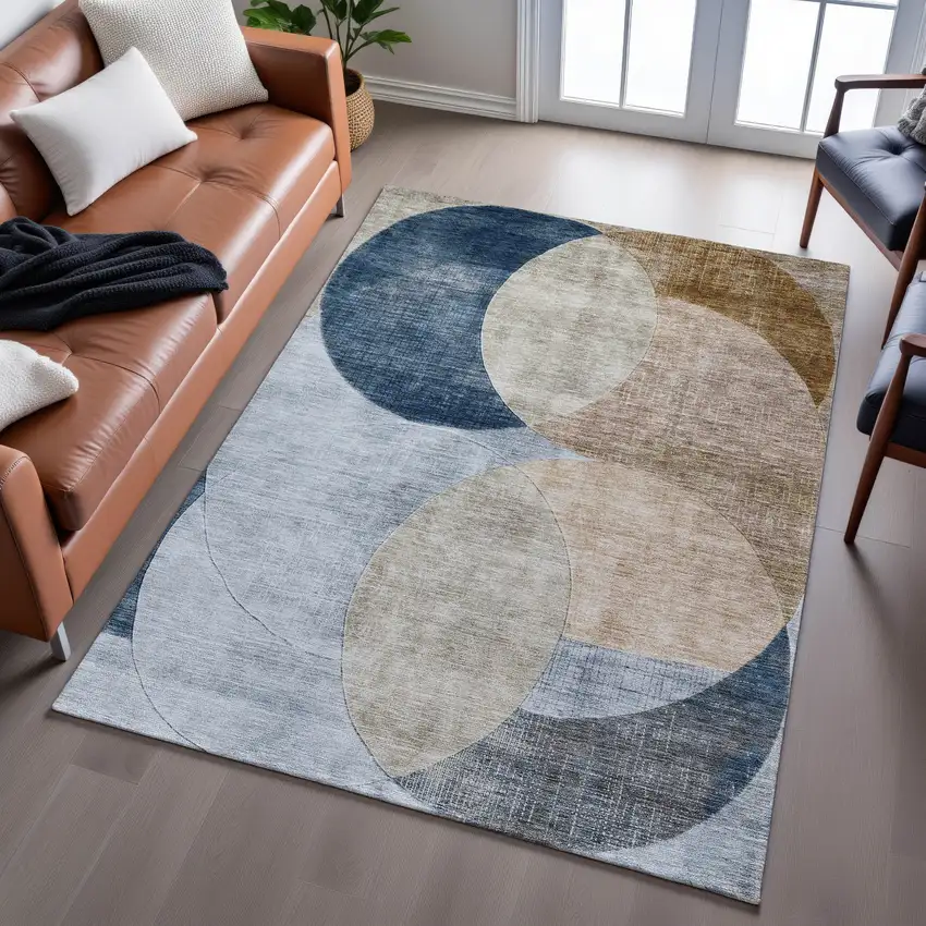 Sky Blue Brown And Beige Geometric Washable Area Rug With UV Protection Photo 5