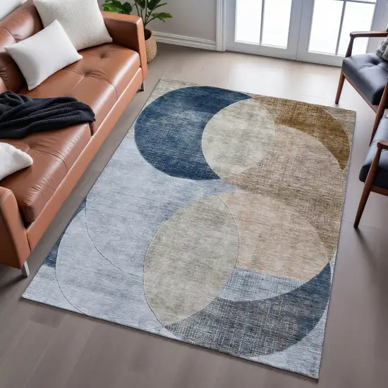 Sky Blue Brown And Beige Geometric Washable Area Rug With UV Protection Photo 5