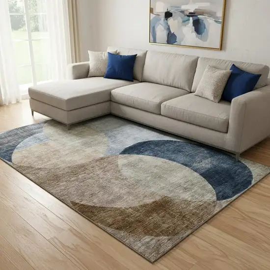 Sky Blue Brown And Beige Geometric Washable Area Rug With UV Protection Photo 2