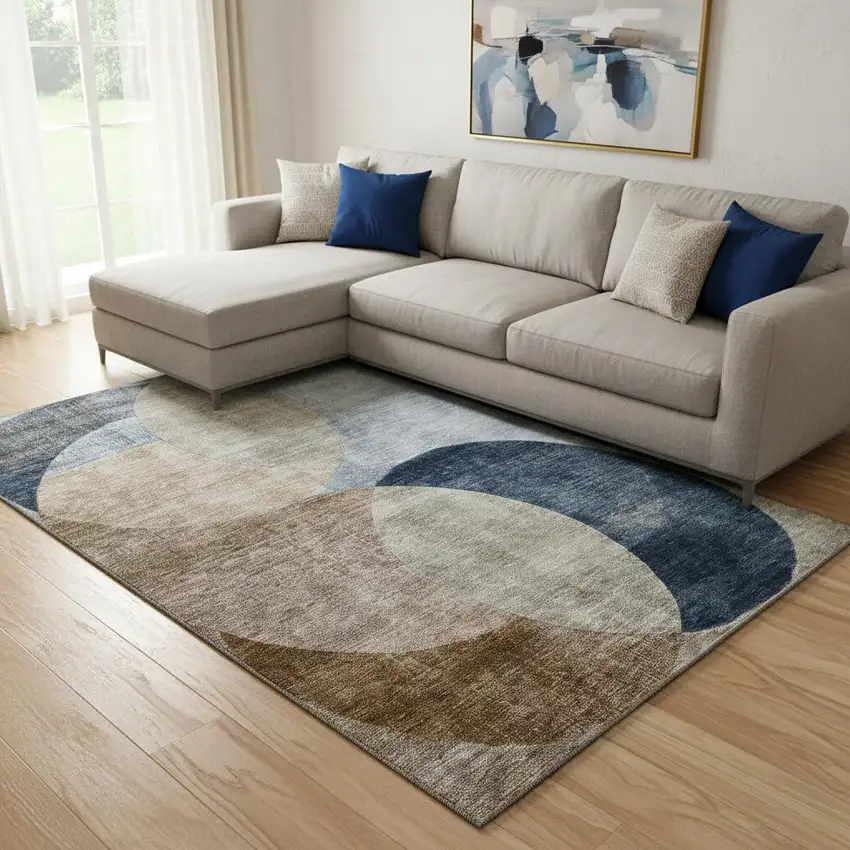 Sky Blue Brown And Beige Geometric Washable Area Rug With UV Protection Photo 2