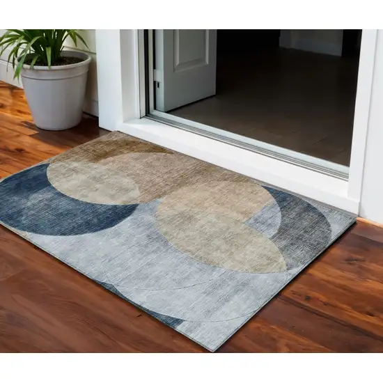 Sky Blue Brown And Beige Geometric Washable Indoor Outdoor Area Rug Photo 1