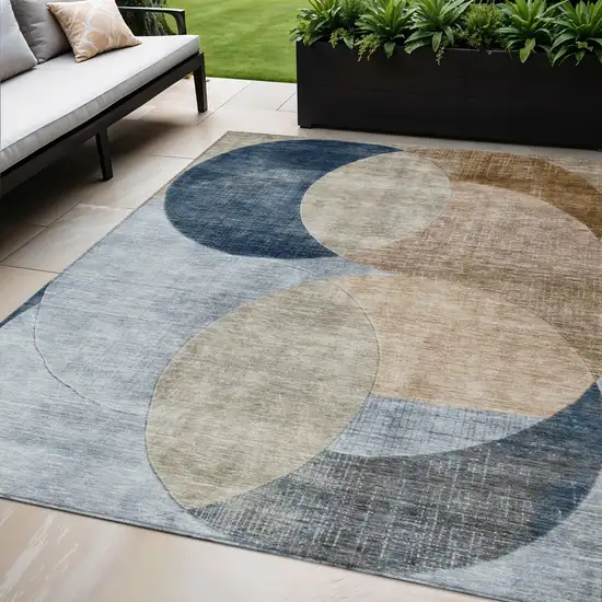 Sky Blue Brown And Beige Geometric Washable Indoor Outdoor Area Rug Photo 1