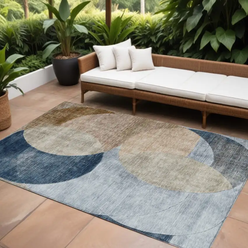 Sky Blue Brown And Beige Geometric Washable Indoor Outdoor Area Rug Photo 1