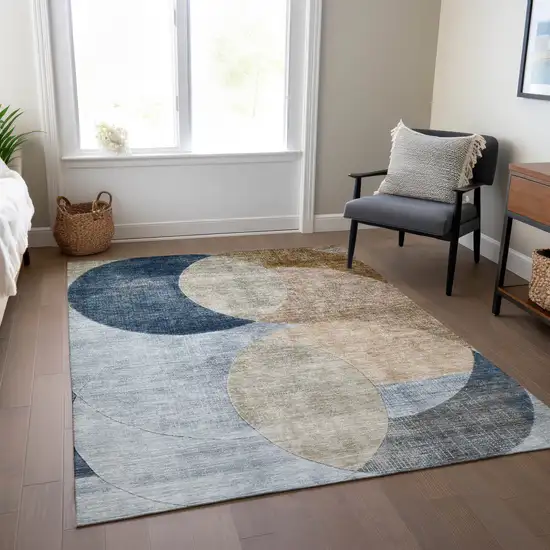 Sky Blue Brown And Beige Geometric Washable Indoor Outdoor Area Rug Photo 9
