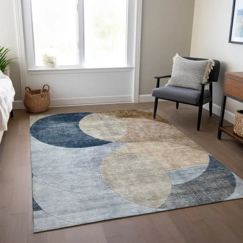 Sky Blue Brown And Beige Geometric Washable Indoor Outdoor Area Rug Photo 9