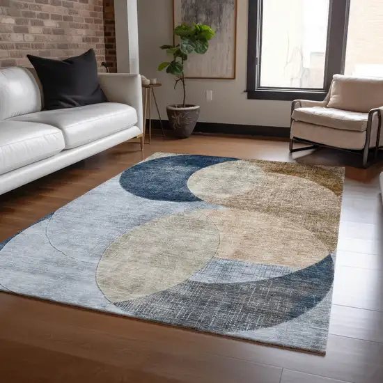 Sky Blue Brown And Beige Geometric Washable Indoor Outdoor Area Rug Photo 8