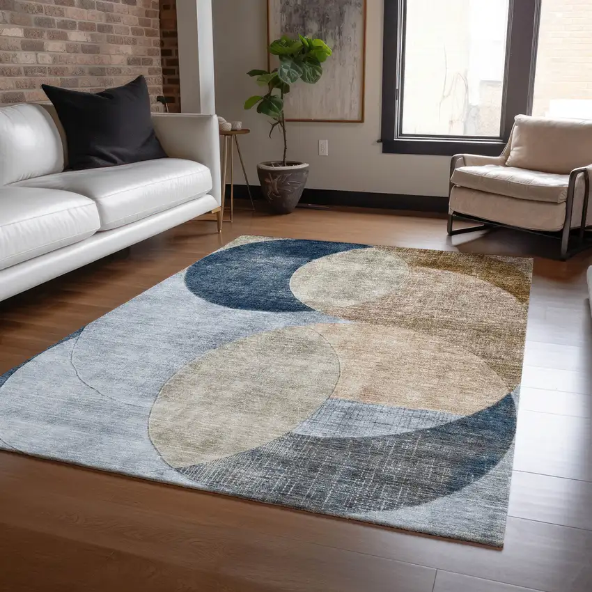 Sky Blue Brown And Beige Geometric Washable Indoor Outdoor Area Rug Photo 8
