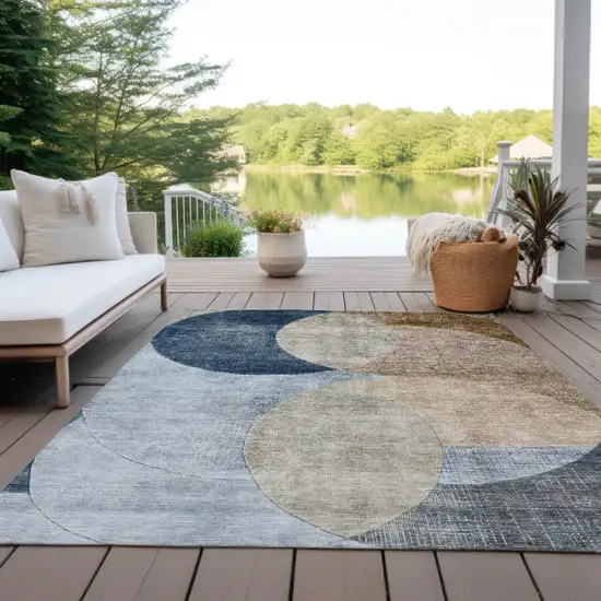 Sky Blue Brown And Beige Geometric Washable Indoor Outdoor Area Rug Photo 7