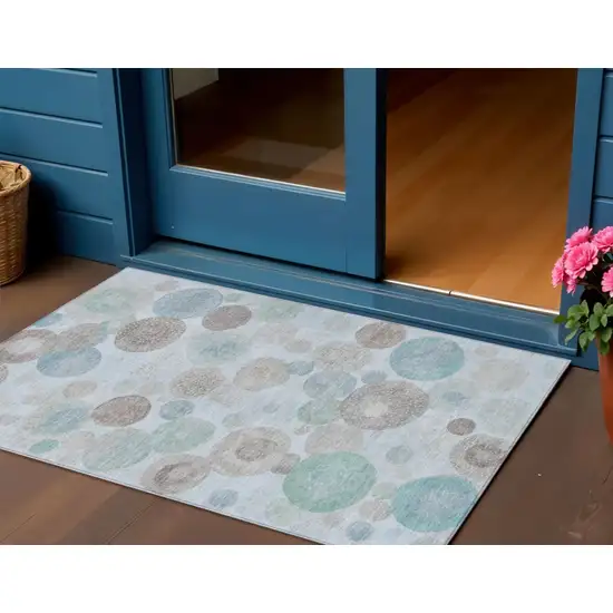 Sky Blue Brown And Beige Geometric Washable Indoor Outdoor Area Rug Photo 2