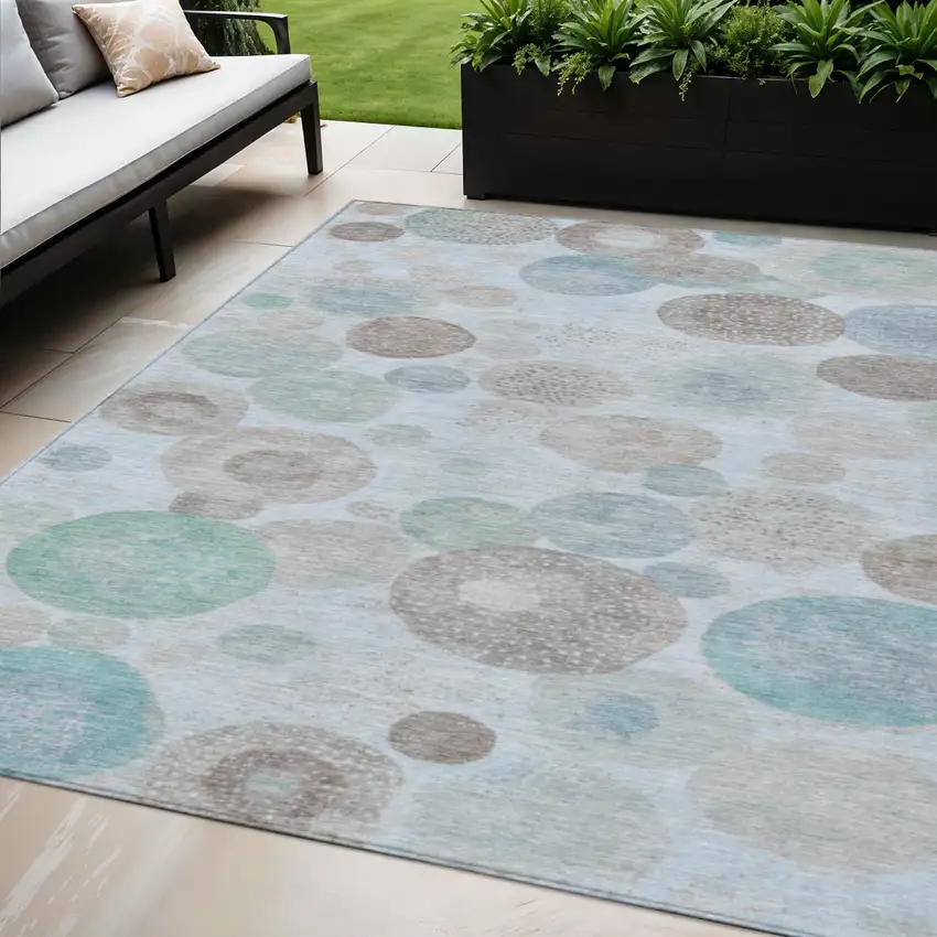 Sky Blue Brown And Beige Geometric Washable Indoor Outdoor Area Rug Photo 2