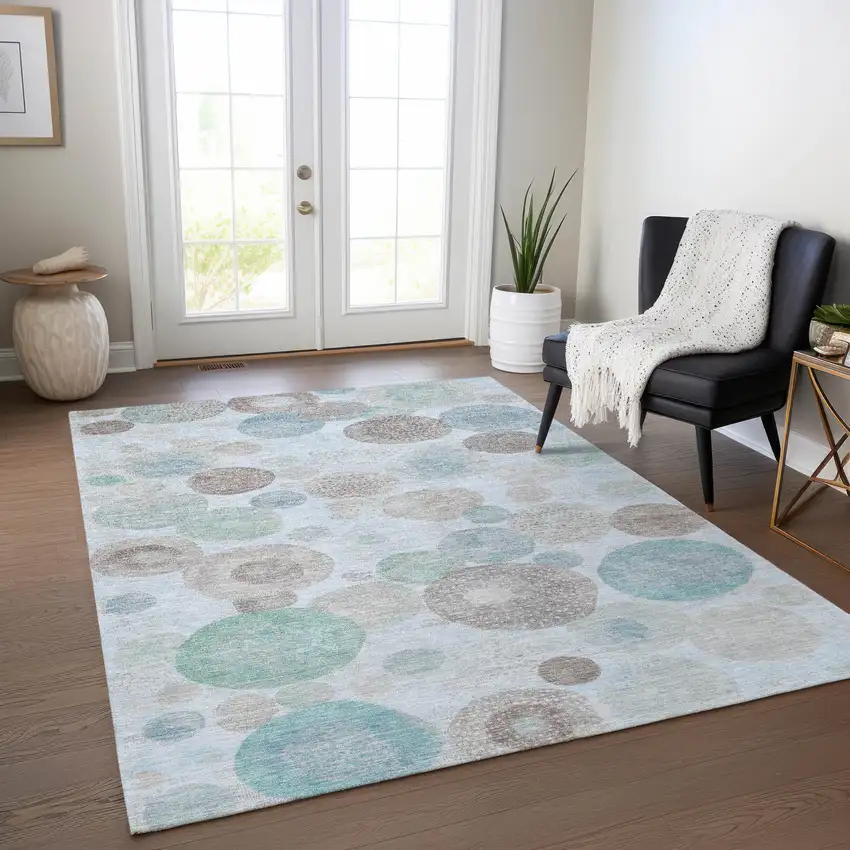 Sky Blue Brown And Beige Geometric Washable Indoor Outdoor Area Rug Photo 6