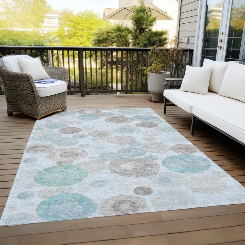 Sky Blue Brown And Beige Geometric Washable Indoor Outdoor Area Rug Photo 8