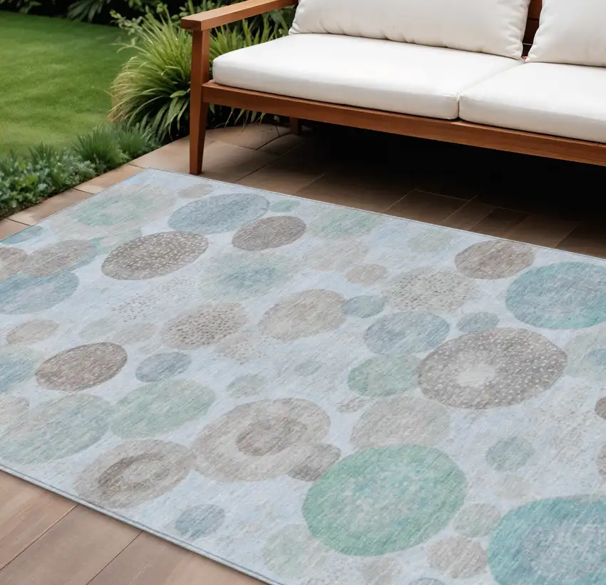 Sky Blue Brown And Beige Geometric Washable Indoor Outdoor Area Rug Photo 2