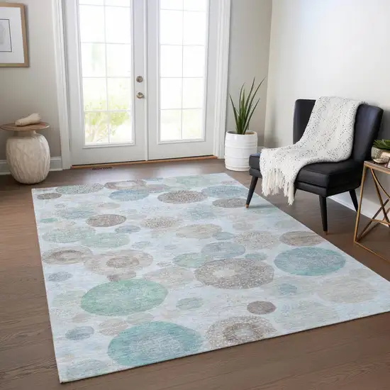 Sky Blue Brown And Beige Geometric Washable Indoor Outdoor Area Rug Photo 6