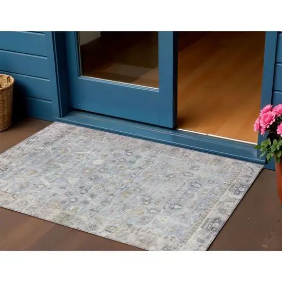 Sky Blue Brown And Ivory Oriental Washable Indoor Outdoor Area Rug Photo 2