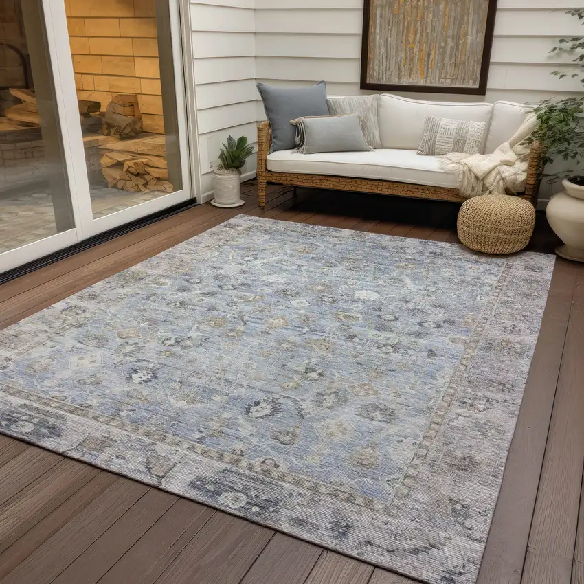 Sky Blue Brown And Ivory Oriental Washable Indoor Outdoor Area Rug Photo 5