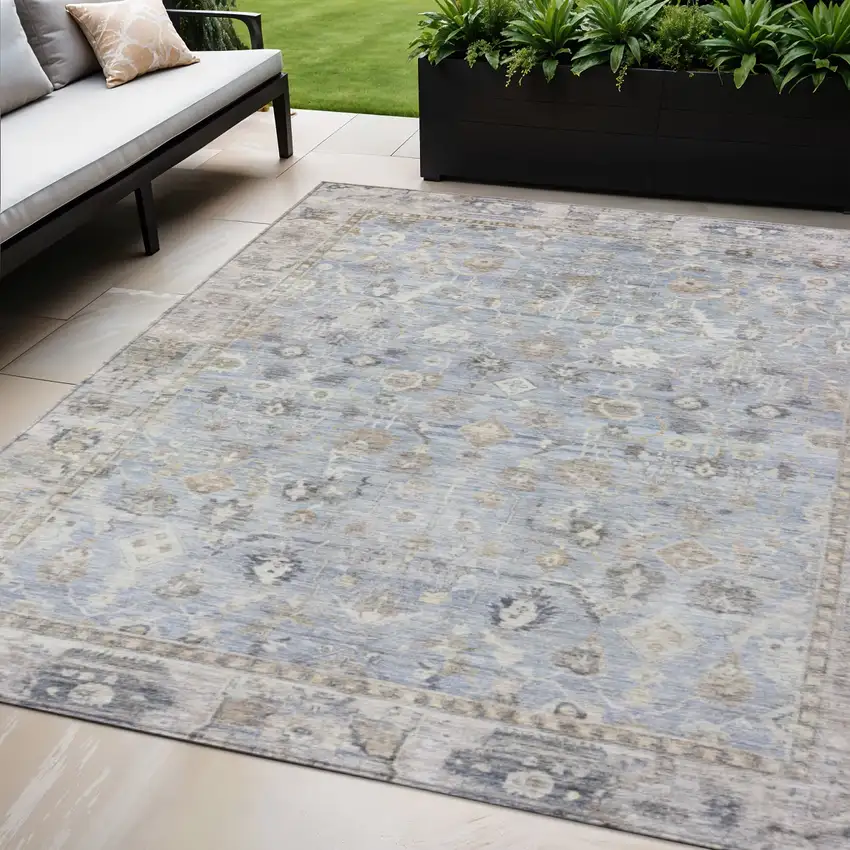 Sky Blue Brown And Ivory Oriental Washable Indoor Outdoor Area Rug Photo 2