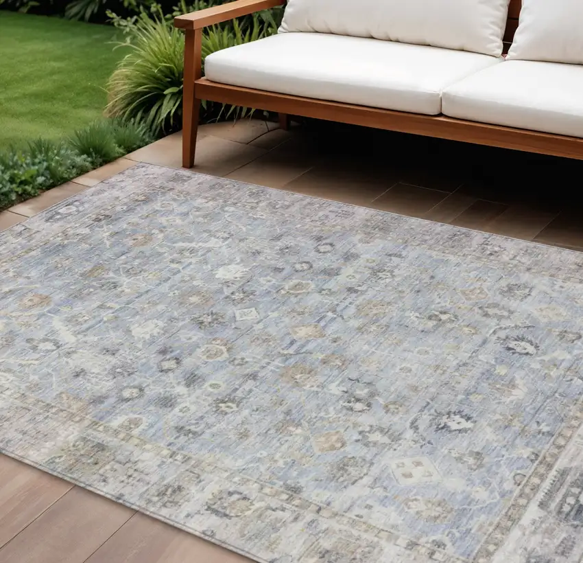 Sky Blue Brown And Ivory Oriental Washable Indoor Outdoor Area Rug Photo 2